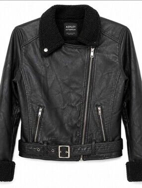 Ashley Outerwear Black Faux Leather Sherpa Moto Jacket
